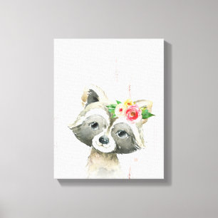 Aquarell-Blumen-Baby-Waschbär-Waldtiere Leinwanddruck
