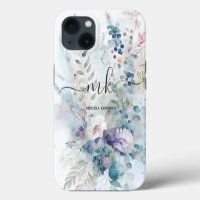 Aquarell-Blumen-Beeren-Farne-Monogramm-Name