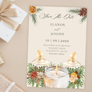 Aquarell-Blumen-Blätter-Kerzen-Hochzeit-Weihnachte Einladung