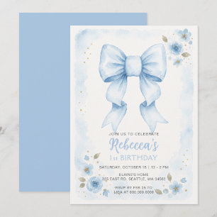Aquarell-Blumen-Blauer-Bogen-Coquette-Geburtstag Einladung