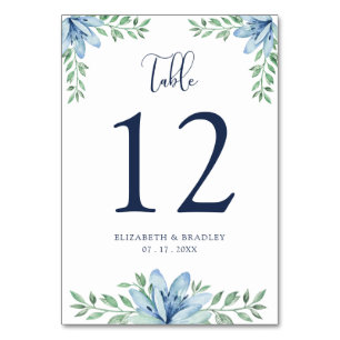 Aquarell-Blumen Blaues Blüten-Hochzeitstisch-Numme Tischnummer