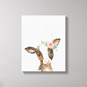 Aquarell-Blumen-Braune Kuh, Baby-Tiere-Kunst Leinwanddruck