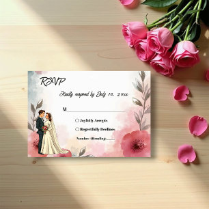 Aquarell-Blumen-Braut und Bräutigam Elegante Hochz RSVP Karte