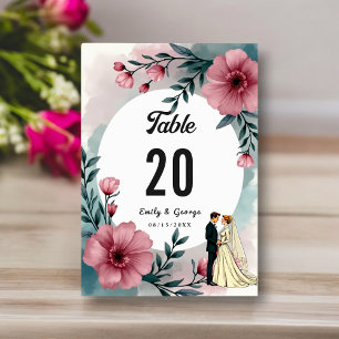 Aquarell-Blumen-Braut und Bräutigam Elegante Hochz Tischnummer