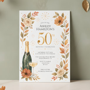 Aquarell-Blumen Champagner 50. Geburtstag Einladung