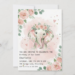Aquarell-Blumen-Elefanten-Mädchen-Geburtstag Einladung