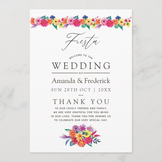 Aquarell-Blumen-Fiesta-Hochzeit Programm (Vorderseite)