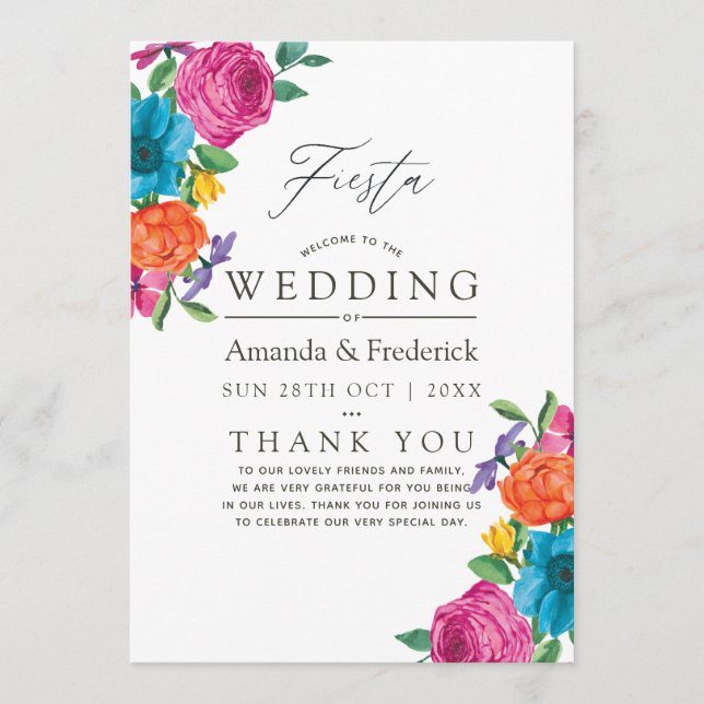 Aquarell-Blumen-Fiesta-Hochzeit Programm (Vorderseite)