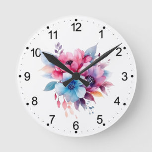 Aquarell-Blumen Florales Design Runde Wanduhr
