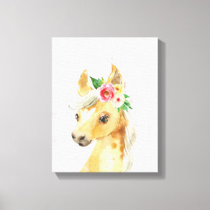 Aquarell-Blumen-Fohlen-Pferd Leinwanddruck