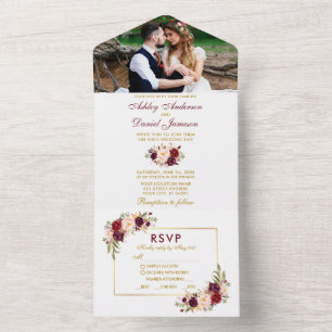 Aquarell-Blumen-Foto-RSVP-Essensauswahl Hochzeit All In One Einladung