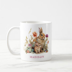 Aquarell-Blumen-Frühling-Ostern-Hasen-Name Kaffeetasse