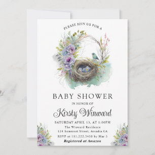 Aquarell-Blumen-Frühlings-Vogelnest-Baby-Party Einladung