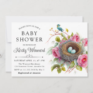 Aquarell-Blumen-Frühlings-Vogelnest-Baby-Party Einladung