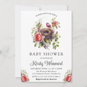 Aquarell-Blumen-Frühlings-Vogelnest-Baby-Party Einladung
