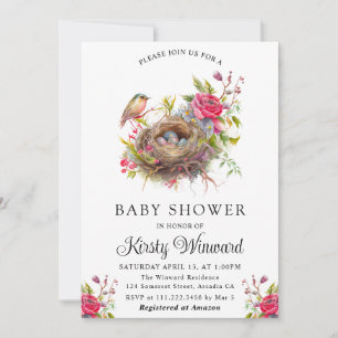 Aquarell-Blumen-Frühlings-Vogelnest-Baby-Party Einladung