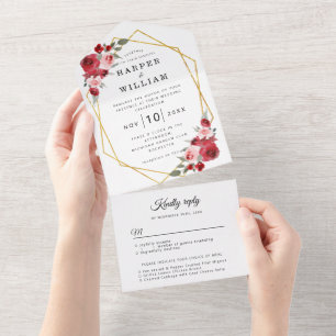 Aquarell-Blumen geometrische Hochzeit All In One Einladung