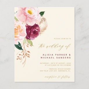 Aquarell Blumen gold burgunderrot Hochzeitseinladu Flyer