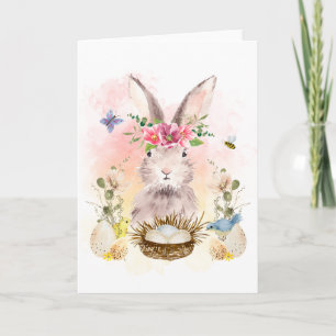 Aquarell-Blumen-Hasen-Kaninchen-Grußkarte Karte