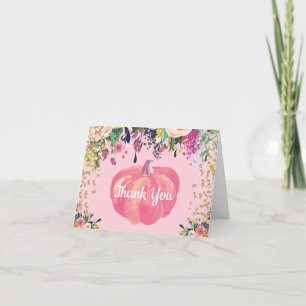 Aquarell-Blumen-Herbst-Kürbis-Rosa-Gold-Glitter Dankeskarte