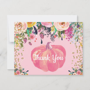Aquarell-Blumen-Herbst-Kürbis-Rosa-Gold-Glitter Dankeskarte