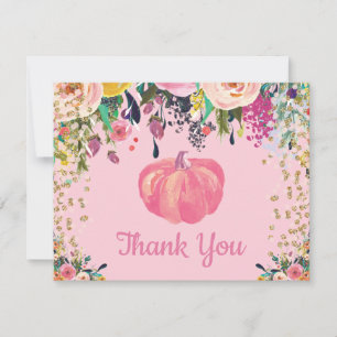 Aquarell-Blumen-Herbst-Kürbis-Rosa-Gold-Glitter Dankeskarte