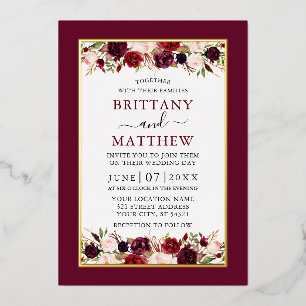 Aquarell-Blumen-Hochzeit Elegant Burgund Gold Folieneinladung