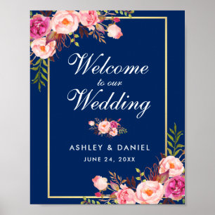 Aquarell-Blumen-Hochzeit Willkommen in Rosa Blau Poster