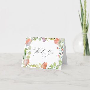 Aquarell-Blumen-Hochzeitsdusche in Rosa und Grün Dankeskarte