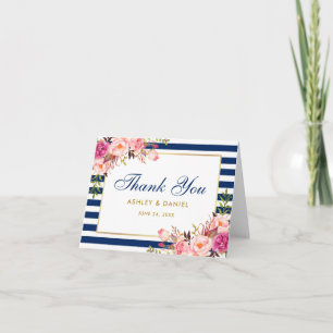 Aquarell-Blumen Hochzeitskarte Rosa Blau Streifen Dankeskarte