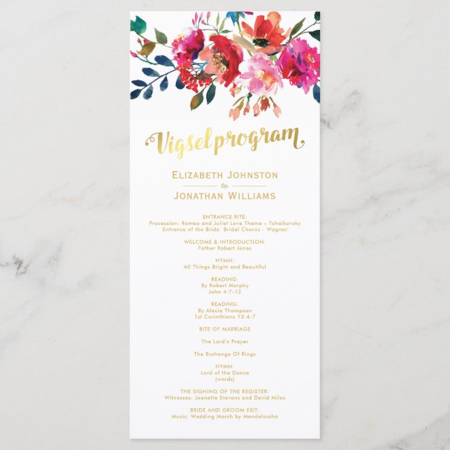 Aquarell-Blumen-Hochzeitsprogramm in Weißgold Programm (Vorderseite)