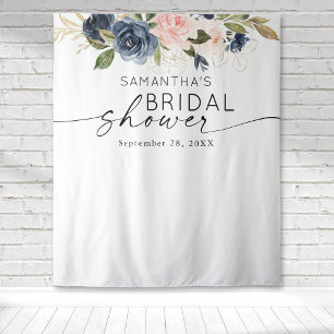 Aquarell-Blumen-Hochzeitsshower in Rosa und Navy Wandteppich