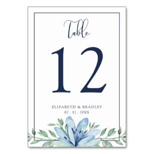Aquarell-Blumen-Hochzeitstisch-Nummer in Blau Tischnummer