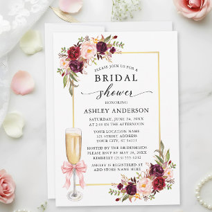 Aquarell-Blumen-Kokette-Rosa-Schleife-Brautparty Einladung