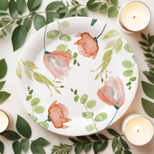 Aquarell-Blumen-Korallen-Grün-Bridal-Shower Pappteller