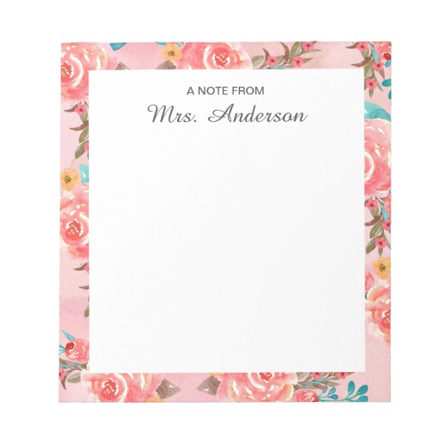 Aquarell-Blumen-Lehrer-Würdigungsscript-Name Notizblock (Vorderseite)