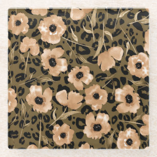 Aquarell-Blumen-Leopard: Endloses Muster Glasuntersetzer