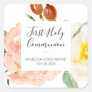 Aquarell-Blumen Mädchen Erstkommunion Quadratischer Aufkleber
