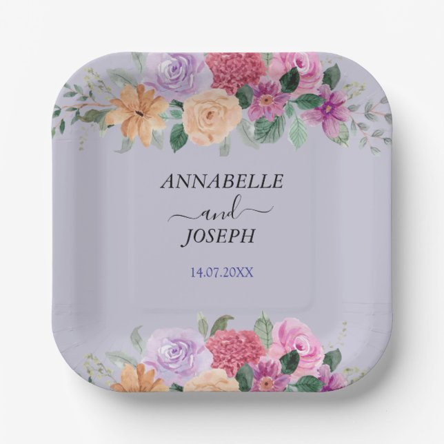 Aquarell-Blumen Moderne Botanische Hochzeit Pappteller (Vorderseite)