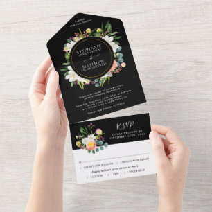 Aquarell-Blumen Moderne Hochzeit Schwarz All In One Einladung