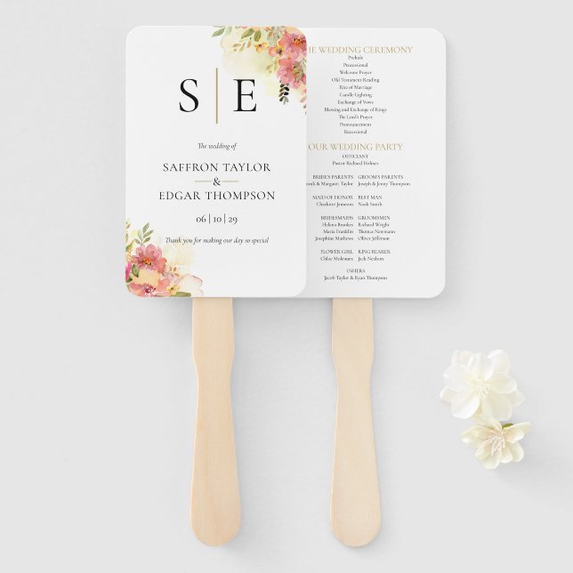 Aquarell-Blumen-Monogramm-Hochzeitsprogramm Fächer (Vorne und Hinten)