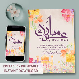 Aquarell-Blumen-Moschee-Eid-Mubarak-Grußkarte Feiertagskarte