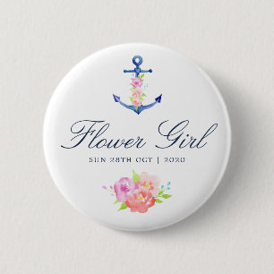 Aquarell-Blumen-nautisches Hochzeits-Blumenmädchen Button