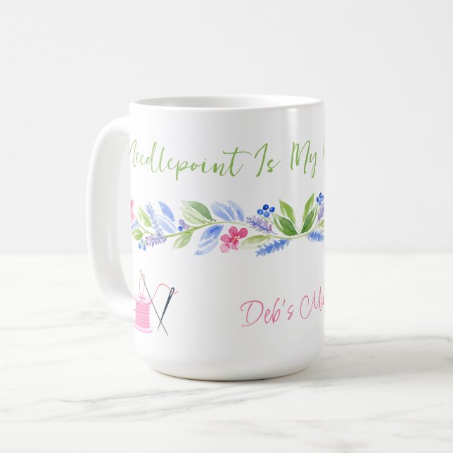 Aquarell-Blumen-Needlepoint Glücksort NAME Kaffeetasse (Vorderseite Links)