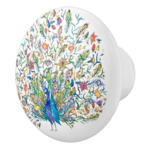 Aquarell-Blumen-Pfau Keramikknauf