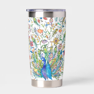 Aquarell Blumen Pfau personalisiert Thermobecher