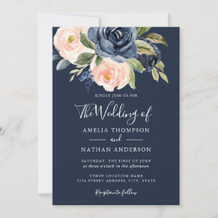 Aquarell-Blumen Pfirsich Marine-Hochzeit Einladung