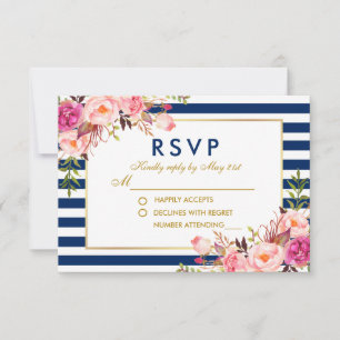 Aquarell-Blumen-Rosa-Blau-Streifen-RSVP-Hochzeit RSVP Karte