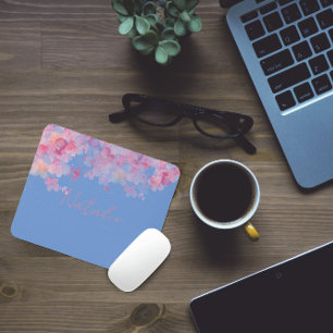 Aquarell-Blumen-Rosa-Korallenblau-Mauspad Mousepad