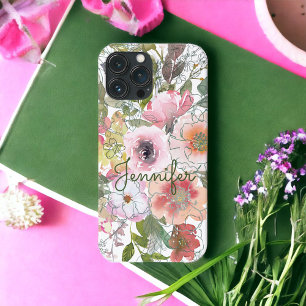 Aquarell-Blumen-Rosa-Pfirsich-Sage-Eigenname iPhone 13 Pro Max Hülle